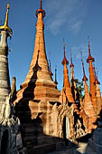 Inle Lake Myanmar. Indein, on the summit of a hill the  Shwe Inn Thein Paya a cluster of hundreds of ancient stupas. Many of them are ruined and overgrown with bushes.